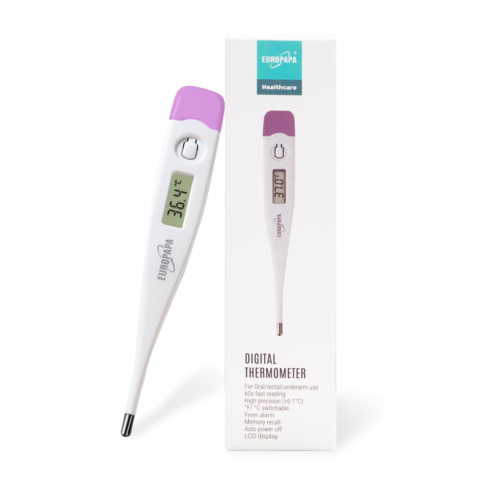 EUROPAPA Digitales Fieberthermometer für Babys, Kinder und Erwachsene, Thermometer für oral, axillar oder rektal, wasserdicht mit Fieberalarm (Lila)