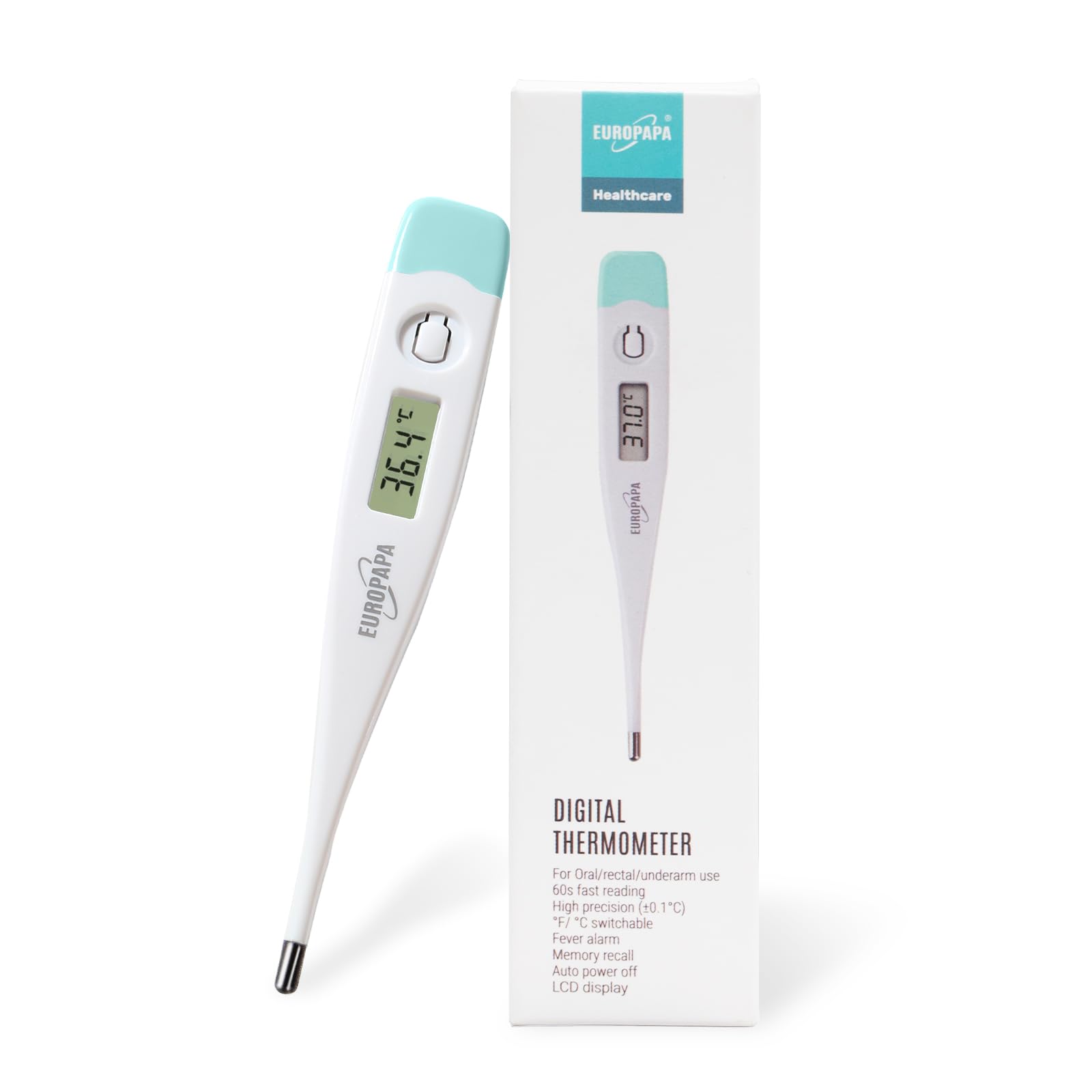 EUROPAPA Digitales Fieberthermometer für Babys, Kinder und Erwachsene, Thermometer für oral, axillar oder rektal, wasserdicht mit Fieberalarm (Grün)
