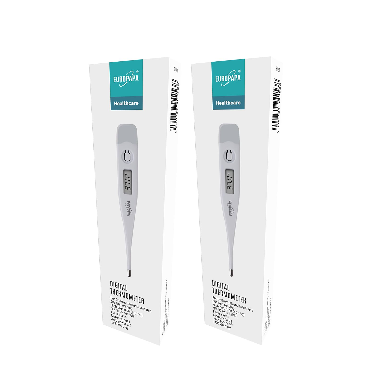 EUROPAPA 2 Stück Digitales Fieberthermometer für Babys, Kinder und Erwachsene, Thermometer für oral, axillar oder rektal, wasserdicht mit Fieberalarm (Grau)