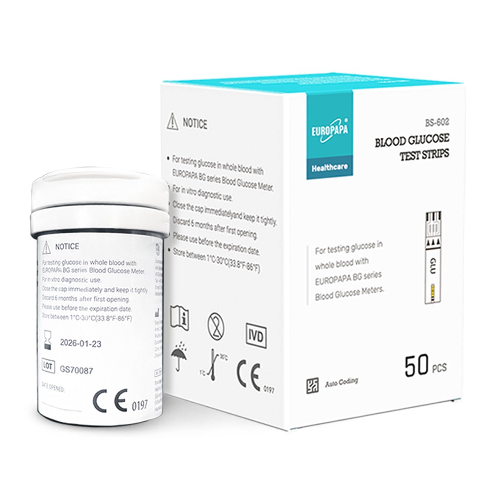 EUROPAPA® Blutzuckerteststreifen 50 STK. für Blutzucker-Wertes Kontrolle, Diabetes- und Glukoseüberwachung, Teststreifen kompatibel nur mit EUROPAPA BG-Serie Blutzuckermessgerät