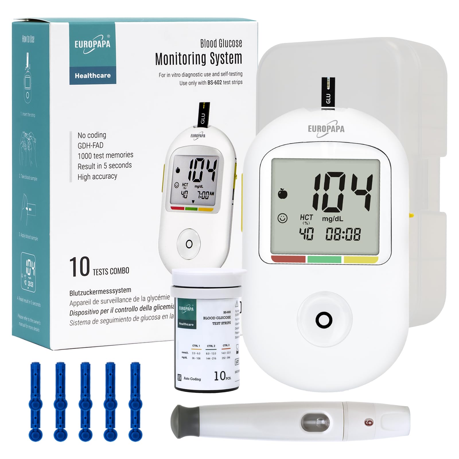 EUROPAPA® Blutzuckermessgerät mit 10 Stk Blutzuckerteststreifen und 10 Stk Blutlanzetten und Stechhilfe, Blutzuckermesssystem Diabetes-Set mg/dL für Blutzuckers Selbstkontrolle (Weiß)