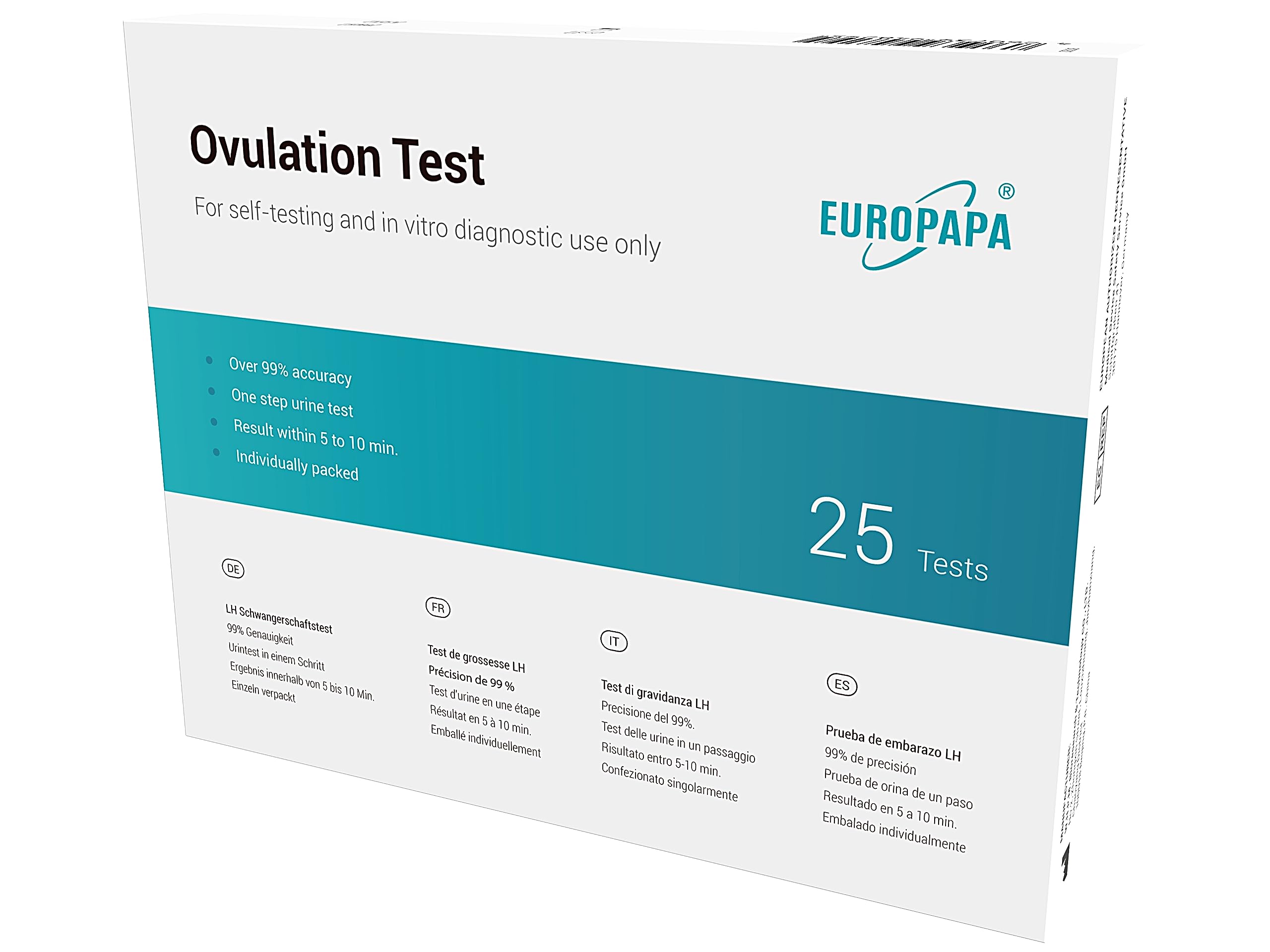 EUROPAPA® Healthcare 25 Stück Ovulationstest für Eisprung, Fruchtbarkeitstest für Frauen 25 mIU/mL Empfindlichkeit