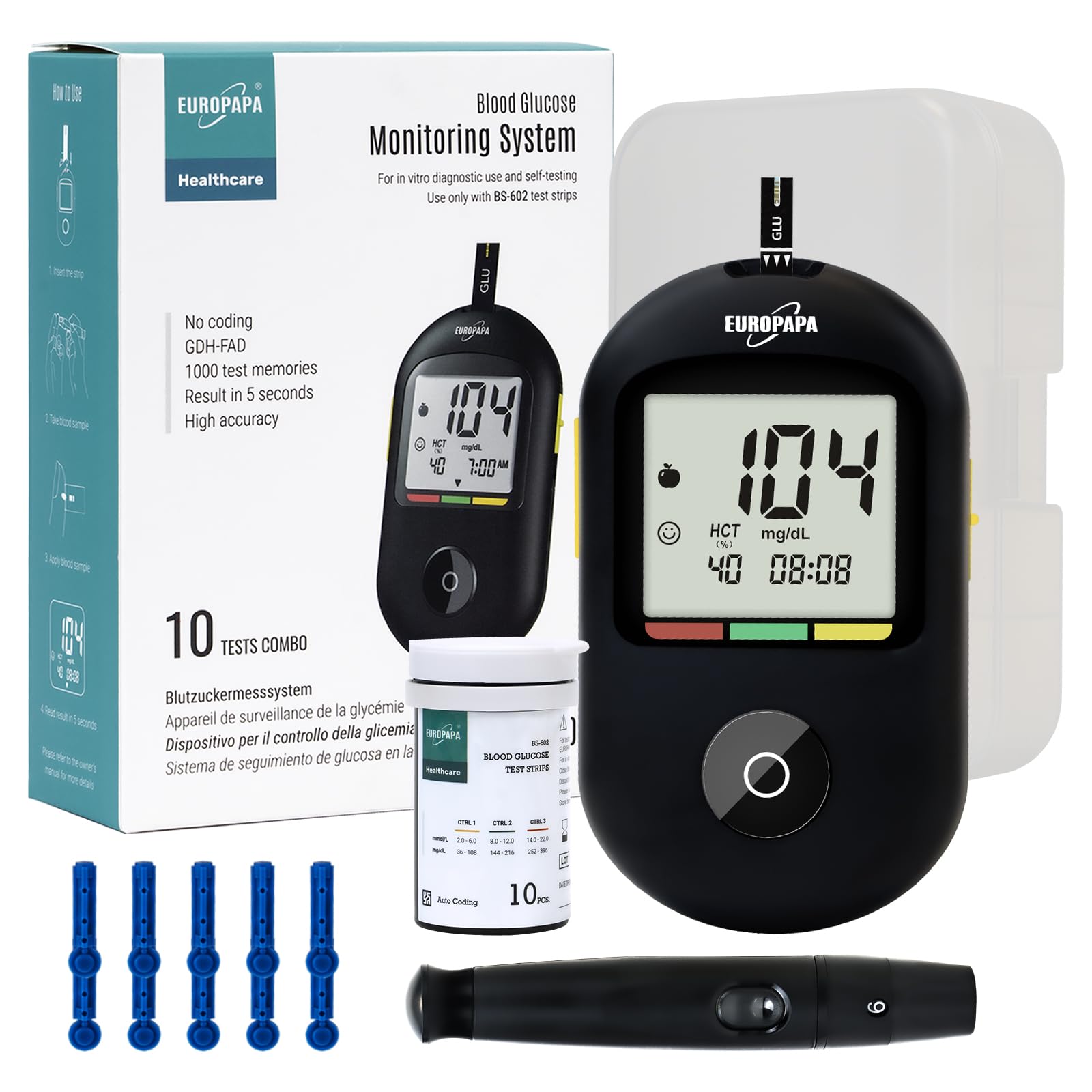 EUROPAPA® Blutzuckermessgerät mit 10 Stk Blutzuckerteststreifen und 10 Stk Blutlanzetten und Stechhilfe, Blutzuckermesssystem Diabetes-Set mg/dL für Blutzuckers Selbstkontrolle (Schwarz)