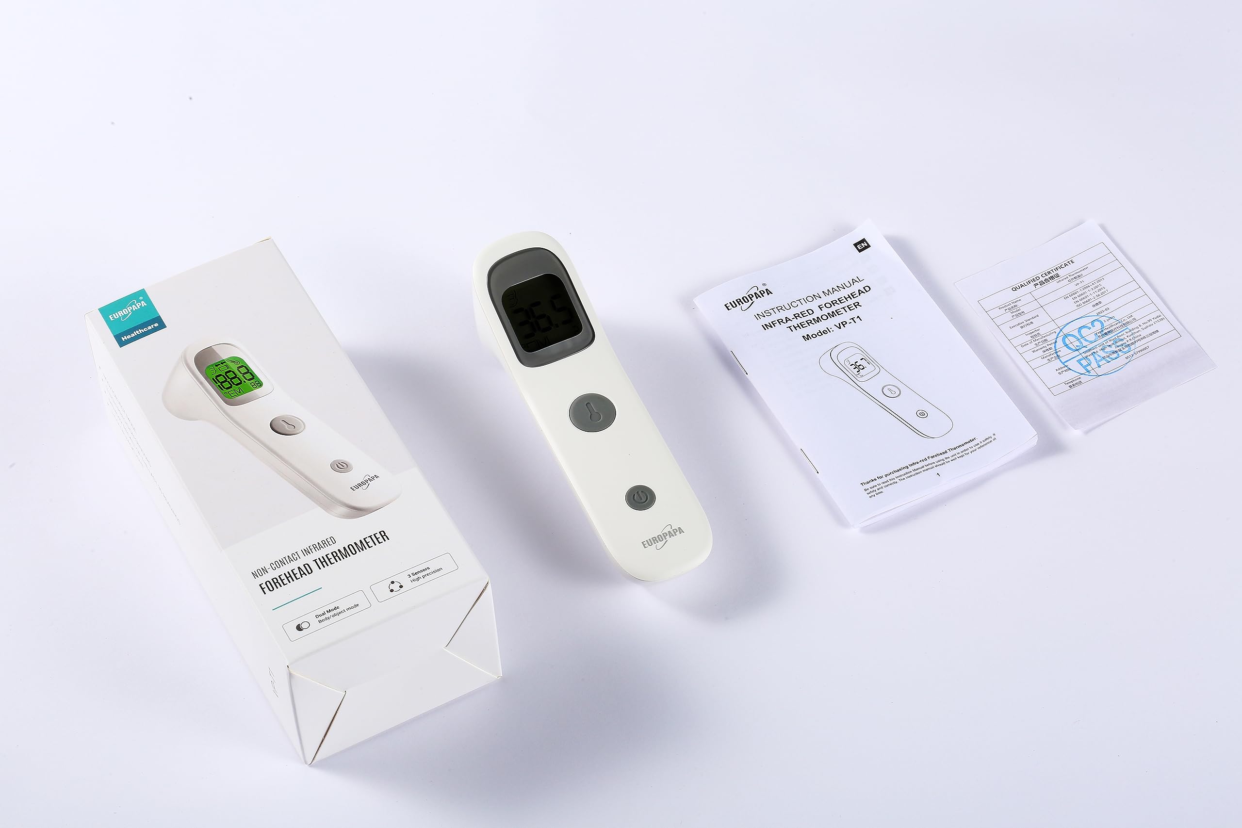 EUROPAPA Fieberthermometer für Baby Kinder Erwachsene, Infrarot Stirnthermometer mit Fieberalarm, °C/°F Schalter, 30-facher Messwertspeicher