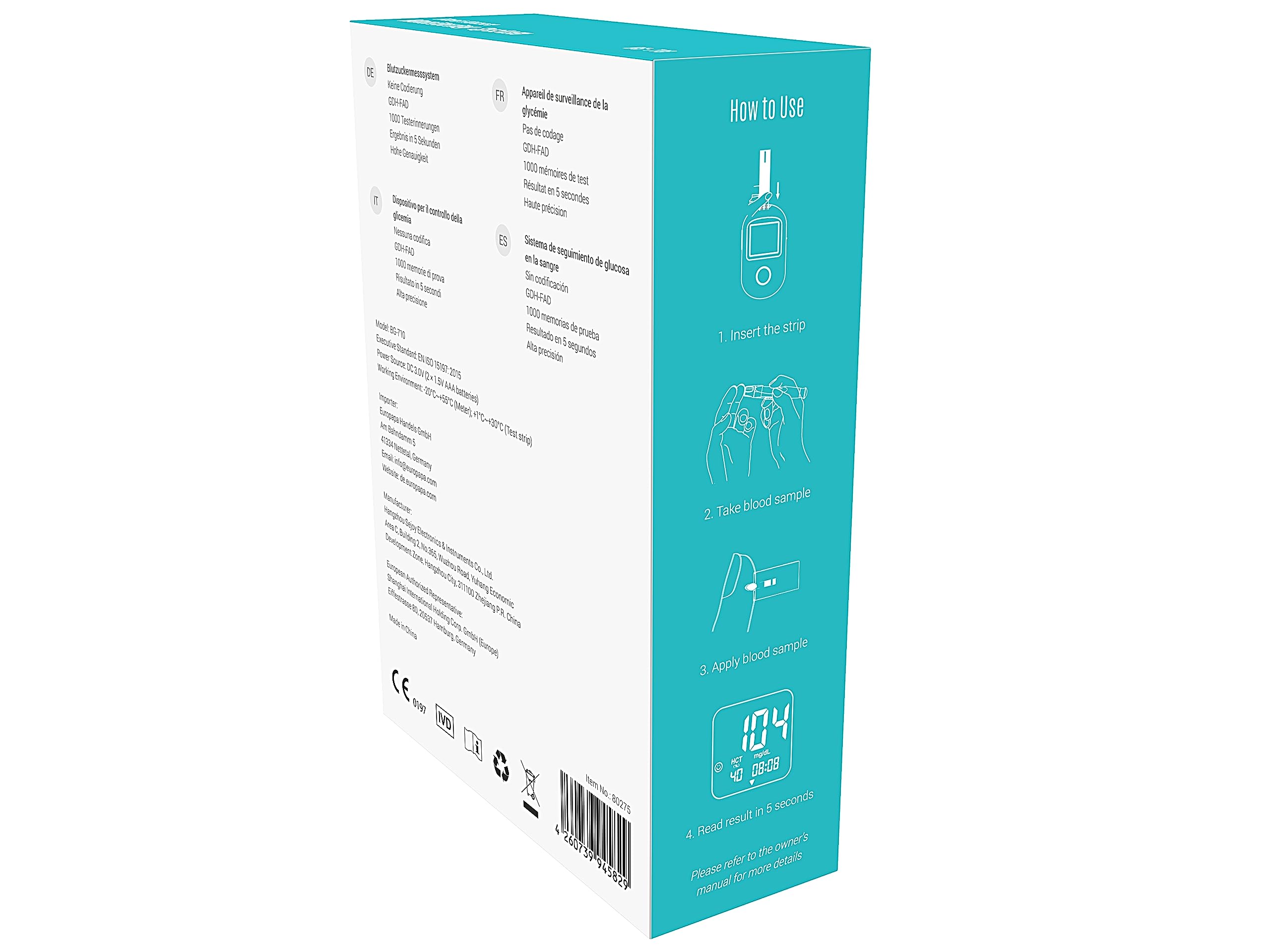 EUROPAPA® Blutzuckermessgerät mit 10 Stk Blutzuckerteststreifen und 10 Stk Blutlanzetten und Stechhilfe, Blutzuckermesssystem Diabetes-Set mg/dL für Blutzuckers Selbstkontrolle (Schwarz)