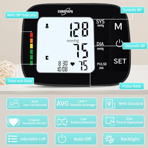 EUROPAPA Upper arm blood pressure monitor for home use, pulse measurement, blood pressure measurement with large cuff (22-42cm), 2 x 60 memories, dual user